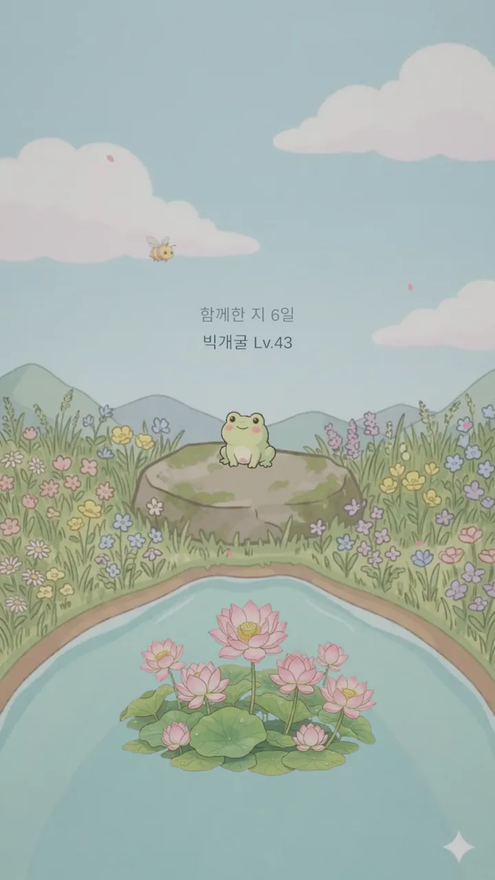 작은 연못과 연꽃, 바위 위에 앉은 개구리
